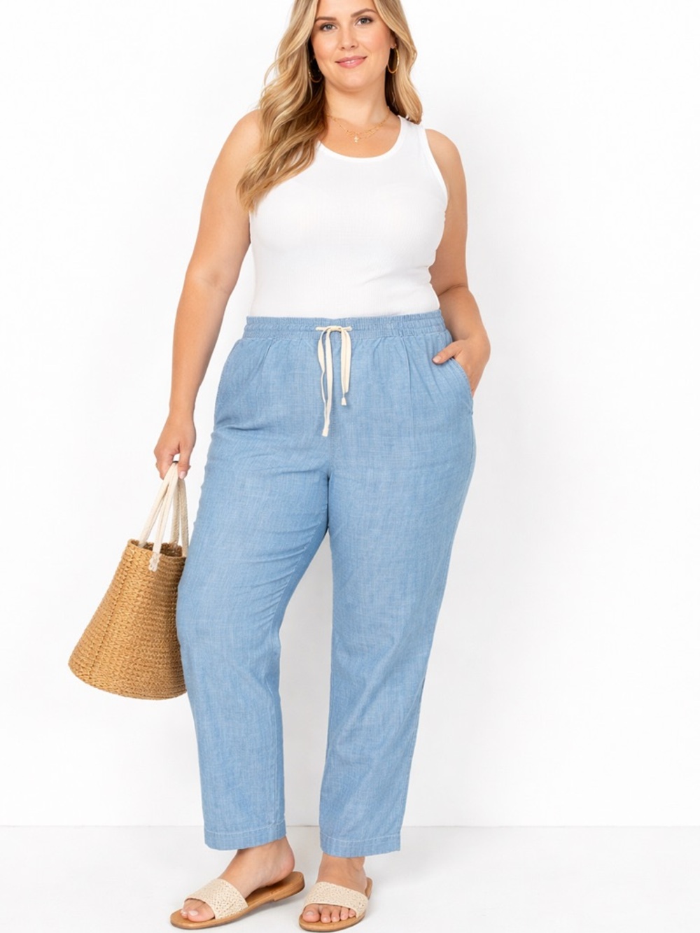 L.L. Bean Women's Pants Favorite Fit Chambray Drawstring Blue 20W Elastic Waist